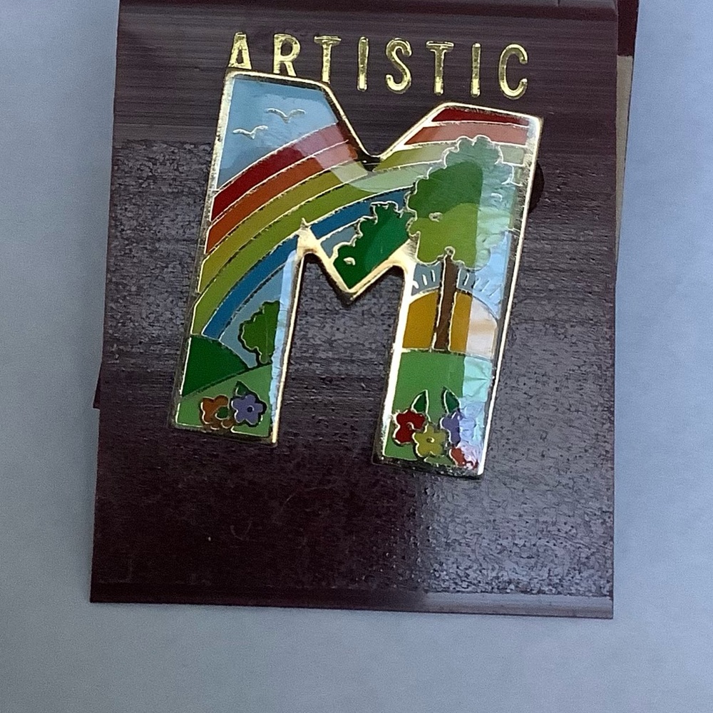 TLC NWOT Vintage Rainbow Cloisonné “M” monogram brooch pin